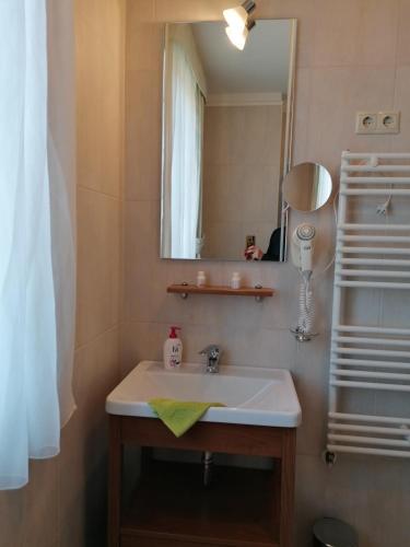 a bathroom with a sink and a mirror at Beatrix Apartments in Bük