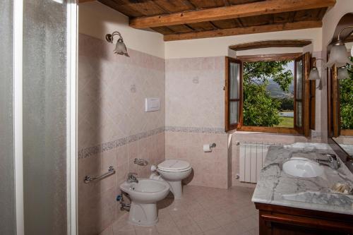 een badkamer met een toilet, een wastafel en een spiegel bij Antico Fio in Poppi