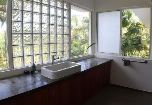 a bathroom with a sink and two large windows at Serafina Organic Farm® in Jamao al Norte