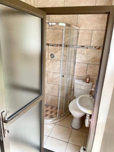 a bathroom with a shower and a toilet at SapzRes at Klerksdorp in Klerksdorp