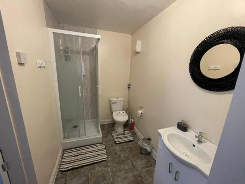 W łazience znajduje się prysznic, toaleta i umywalka. w obiekcie A lovely one bedroom Condo with free parking in Patchway w Bristolu