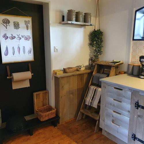 a kitchen with a sink and a counter with a table at Op Stolk bed & breakfast in Stolwijk