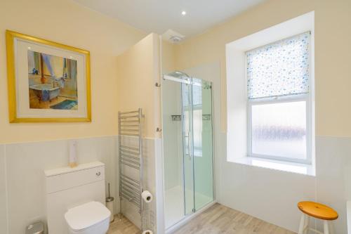a bathroom with a toilet and a glass shower at Dourie Farmhouse in Port William