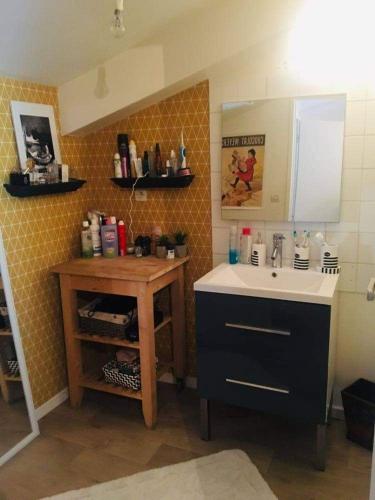 ein Bad mit einem Waschbecken und einem Tisch in der Unterkunft Maison in Dompierre-les-Ormes