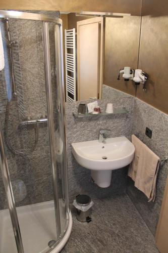 a bathroom with a sink and a shower at B&B Ca' Erminia in Chiesa in Valmalenco