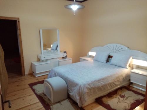 ein Schlafzimmer mit einem Bett und einem großen Spiegel in der Unterkunft Mary's house in Aridea