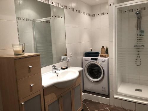 a bathroom with a sink and a washing machine at Cosy Appartement Complet centre-ville Montbéliard in Montbéliard