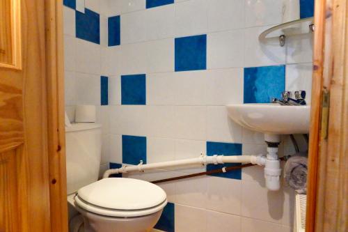 a blue and white bathroom with a toilet and sink at Spacious, 4 Bedroom Contractor Home for Large Groups with Private Parking for 3 Large Vehicles, Just 7 Minutes from CMK by Maison 19 in Milton Keynes