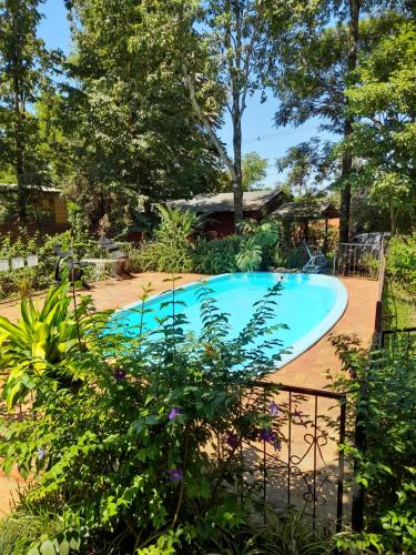 a swimming pool in a yard with trees at Voces De La Selva Misionera in Puerto Iguazú