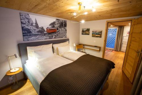 ein Schlafzimmer mit einem schwarz-weißen Bett in einem Zimmer in der Unterkunft Apartments Chalet Wirz Travel in Sarnen