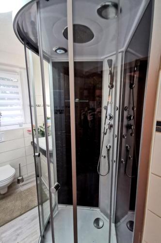 a shower with a glass door in a bathroom at Ferienwohnung Kathlower Mühle in Neuhausen