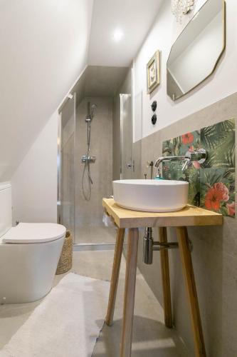 a bathroom with a sink and a toilet and a shower at Leśniczówka u Zięby in Kościelisko