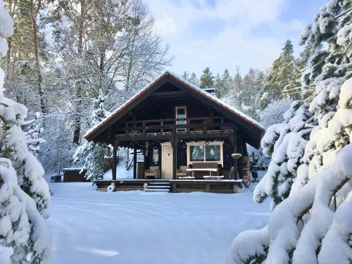 Namelis Rudnios kaime “Nykštukas” في Rudnia: كابينة خشب في الثلج مغطاة بالثلوج