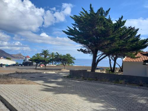 brukowana ulica z drzewami i oceanem w obiekcie Charming Beach Villa Porto Santo w mieście Porto Santo