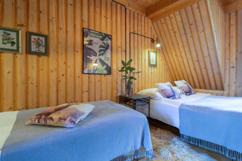two beds in a room with wooden walls at Leśniczówka u Zięby in Kościelisko