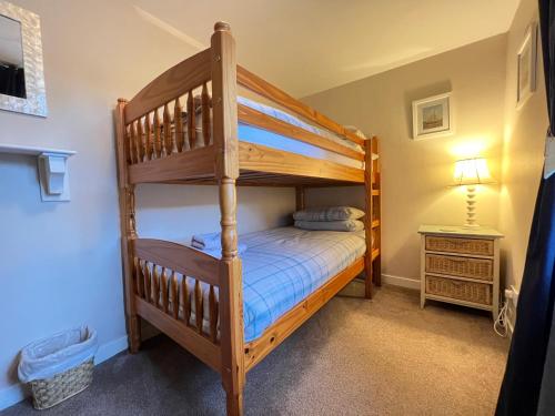 a bedroom with a bunk bed with a ladder at Quaint, cosy bolt hole in Cellardyke in Cellardyke