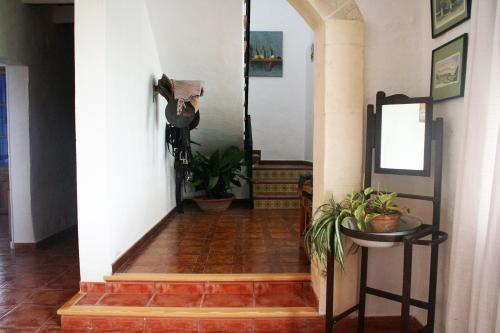 einen Flur mit Treppen und Topfpflanzen in einem Haus in der Unterkunft Agroturismo Biniai Nou in Maó