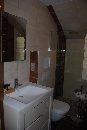 une salle de bain avec un lavabo, des toilettes et une douche dans l'établissement Les Bleuets, à Scharrachbergheim-Irmstett