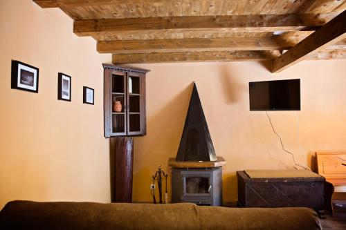 a living room with a couch and a fireplace at Apartamentos turísticos LAS CARBALLEDAS in Rabanal del Camino