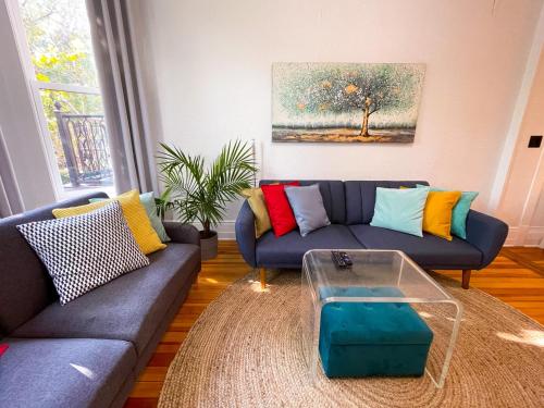 a living room with a blue couch with colorful pillows at Perfect Wrigleyville Stay in Chicago
