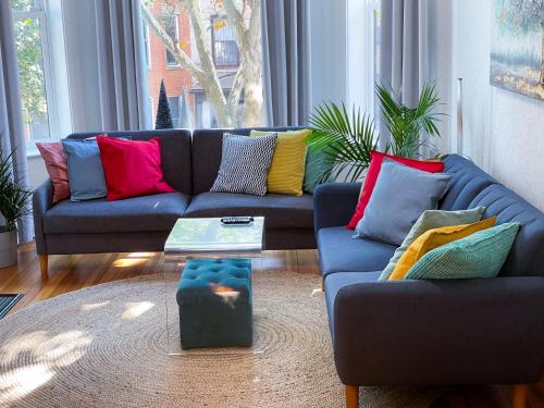 a living room with a blue couch with colorful pillows at Perfect Wrigleyville Stay in Chicago