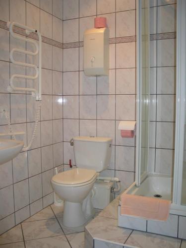 a bathroom with a toilet and a sink and a shower at Pensjonat Lotos in Krynica Morska