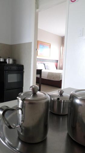 a kitchen with pots and pans on a counter at Coastlands Durban Self Catering Holiday Apartments in Durban