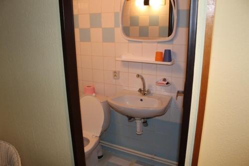 a small bathroom with a toilet and a sink at Záboj restaurant in Karlovy Vary