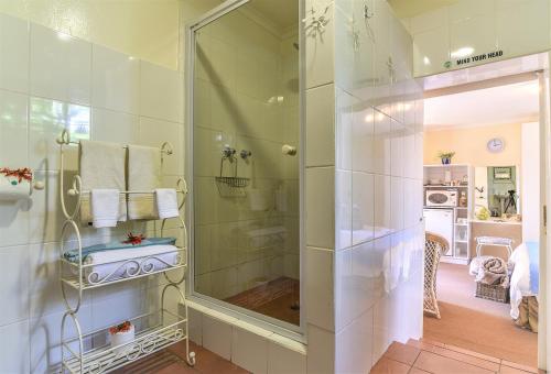 a bathroom with a shower with a glass door at Random Harvest Country Cottages in Muldersdrift