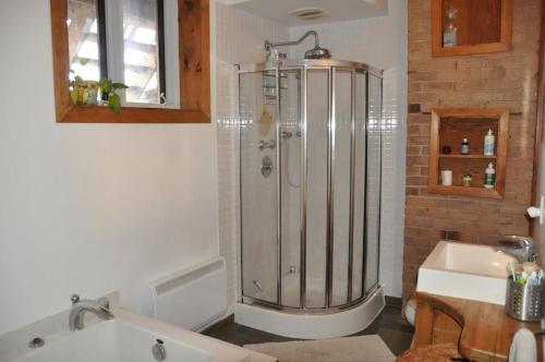 y baño con ducha y lavamanos. en Le Tierra del Fuego by HomeInMontreal, en Montreal