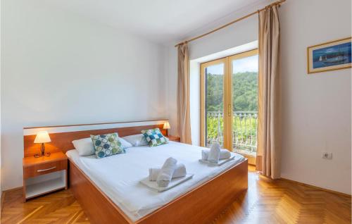 a bedroom with a bed and a large window at Awesome Apartment In Svinisce With Kitchenette in Svinišće