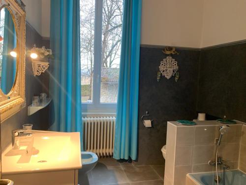 a bathroom with a sink and a toilet and a window at La Gabetière in Estrablin