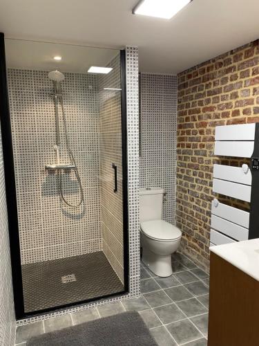 een badkamer met een douche en een toilet bij "Curiosités", place de parking privative, centre ville in Dieppe