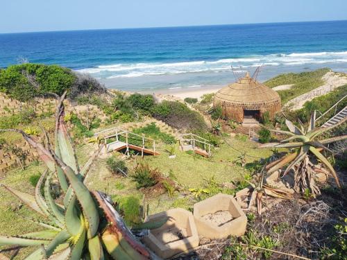 a beach with a gazebo and the ocean at Bela Flor Beach Front Apartments in Inhambane
