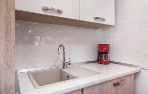 a kitchen with a sink and a red appliance at Beautiful Home In Pokupska Slatina With Jacuzzi in Pokupsko
