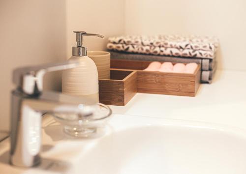 a bathroom sink with a soap dispenser and a mirror at Ring Stop Holiday Apartment in Sigulda