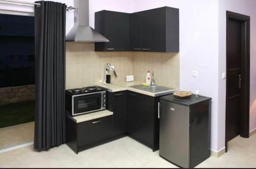 une petite cuisine avec des placards noirs et un four micro-ondes dans l'établissement Spilios Apartment, à Nauplie