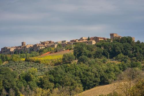 a town on top of a hill with trees at Villa Paradiso in Mensano