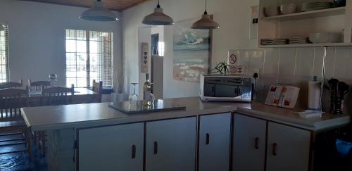 a kitchen with a counter top and a microwave at Shark Cove House in Kleinbaai
