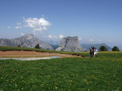 a group of people standing in a field with mountains at Hôtel Le Mont Barral in Creyers