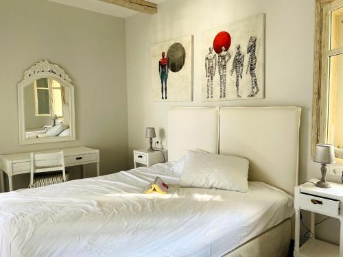 伊拉凱利亞的住宿－Speires suites，卧室配有白色的床和镜子