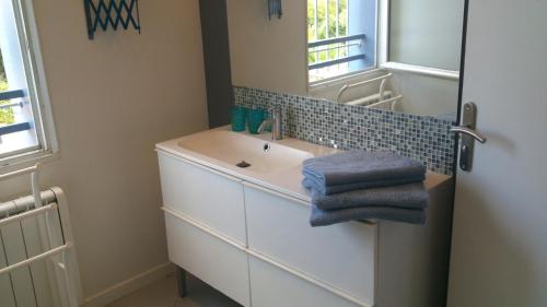 une salle de bain avec un lavabo et un miroir dans l'établissement Chambres d'hôtes Lou Félibre, à Vic-la-Gardiole