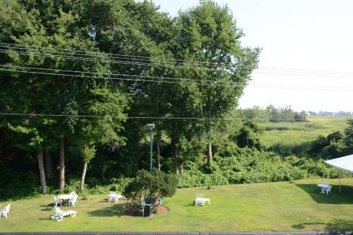 a park with white tables and chairs in the grass at PIER BLUE INN Old Saybrook - Essex in Old Saybrook