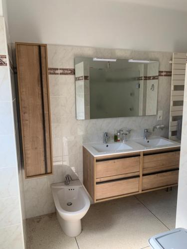 une salle de bain avec toilettes, lavabo et miroir dans l'établissement Maison provençale les fourmis, aux Issambres