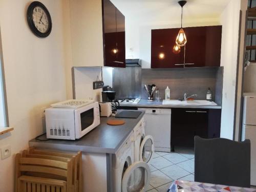 a kitchen with a microwave on top of a counter at T3, 30 mn de PEYRAGUDES, ST LARY, VAL LOURON (65) : 04 personnes in Hèches