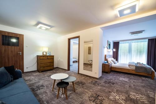 a room with a bed and a couch and a mirror at Apartamenty przy Hotelu Żywieckim in Przyłęków