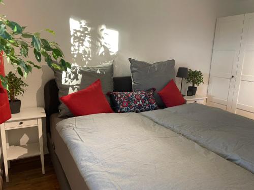 um quarto com uma cama com almofadas vermelhas em Ferien im Waldachtal em Waldachtal