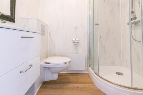 ヴォガルにあるReykjavík Outskirts - Minimalist Escapeのトイレとシャワー付きの白いバスルーム