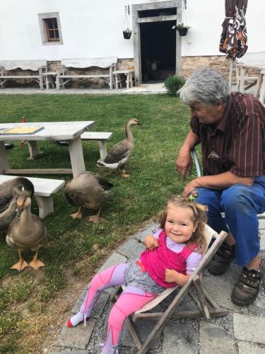 a man and a little girl sitting in a chair with ducks at Penzion a hospoda Na statku in Hluboká nad Vltavou