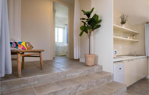 a kitchen with a stairway with a table and a plant at Beautiful Home In Lopud With House Sea View in Lopud